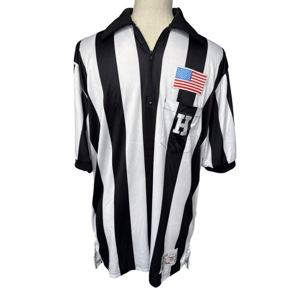 Honigs Referee Shirt Black & White Stripes Zip Collar L - Picture 1 of 7